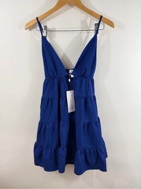 SNDYS Indigo Mini Dress V-Neck Drop Tier Skirt - Royal Blue NWT